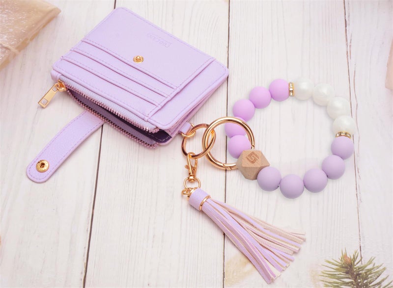 COOLANS Wristlet Bracelet Keychain Pocket Credit Card Holder Purse Tassel Keychain Bangle Key Ring for Women (Silicone Bead Bracelet+Card Purse (Light purple)) - Image 4